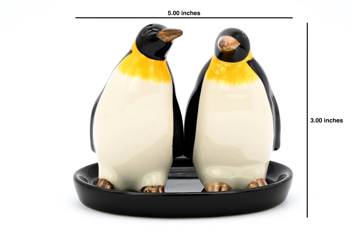 SALT AND PEPPER SHAKER Penguins & black ceramic tray