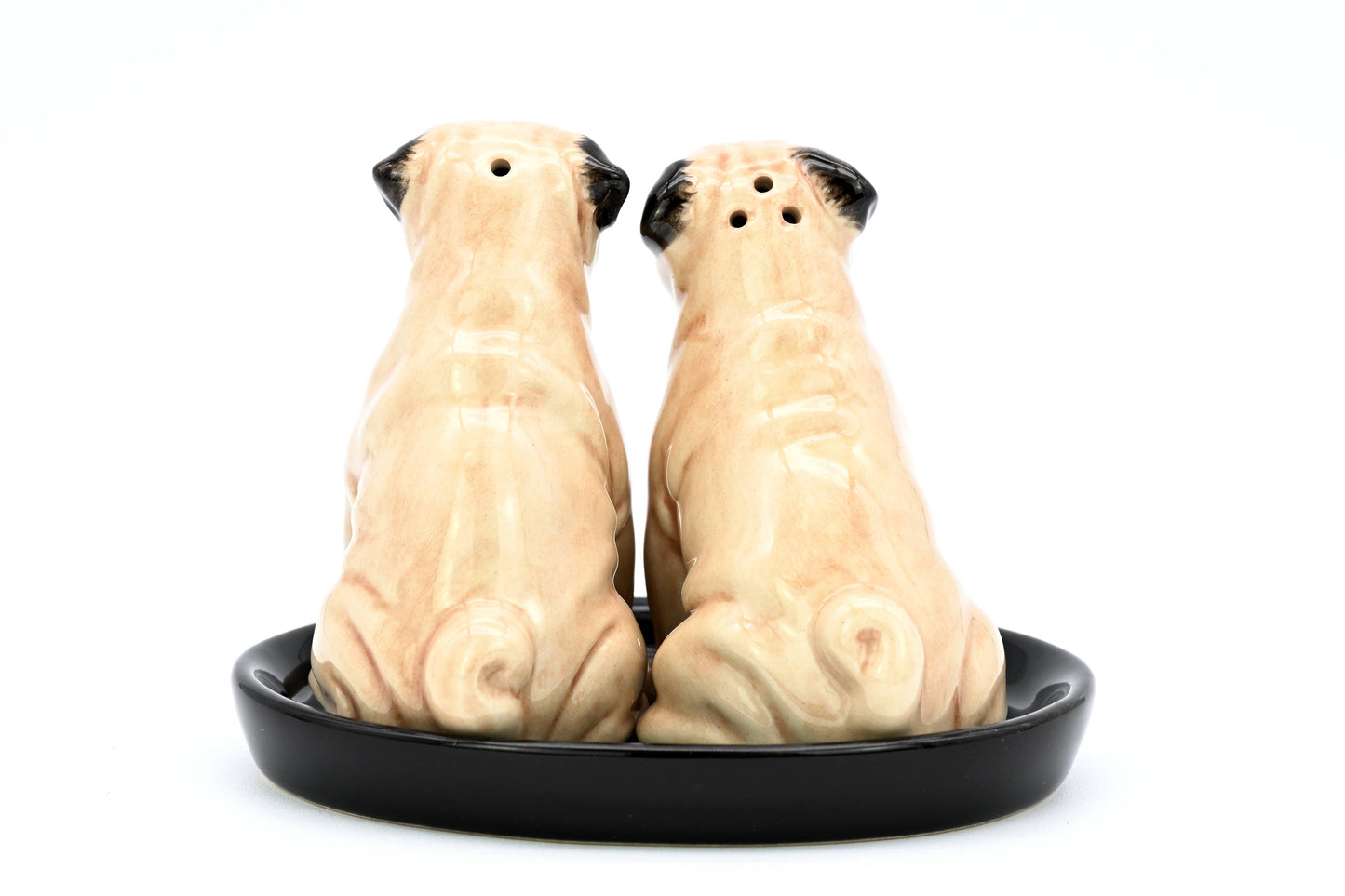SALT AND PEPPER SHAKER Pug and black ceramic tray