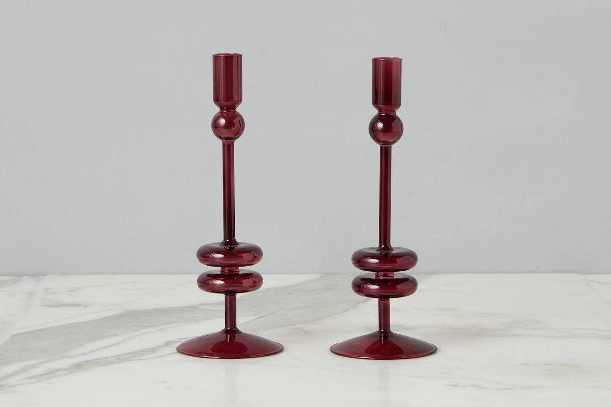 Angelique Glass Candlestick Pair, 10in, Merlot Red