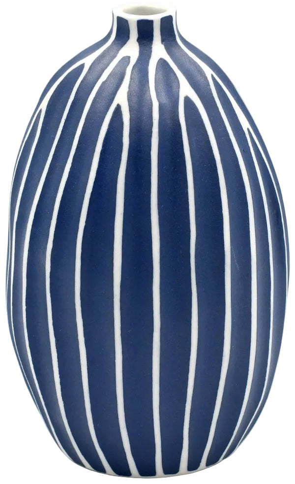 Blue and white striped vase on a white background