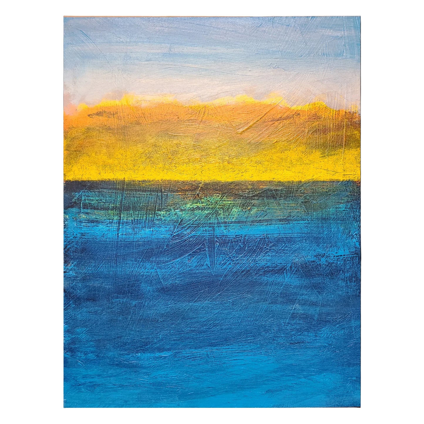 Abstract painting with horizontal yellow stripe and textured blue background