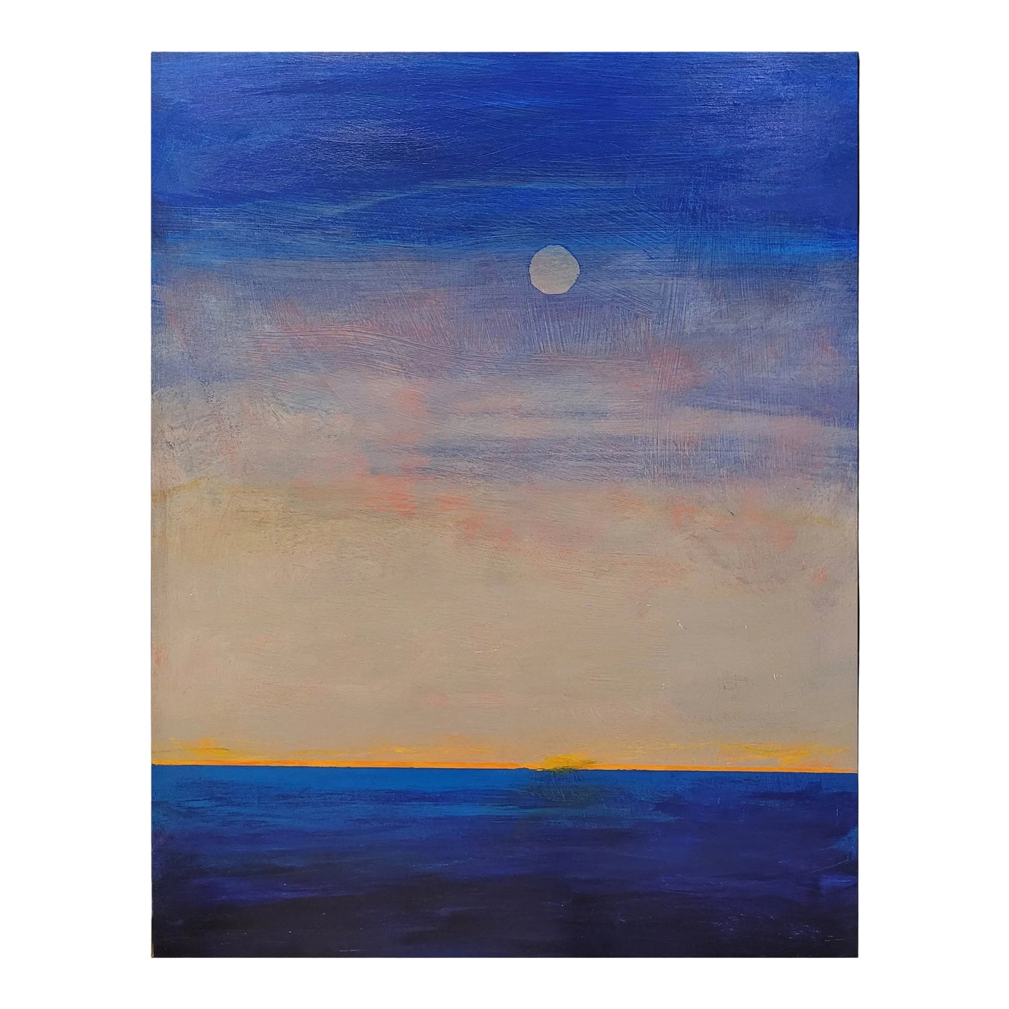 Abstract painting of a night sky with a full moon over water.