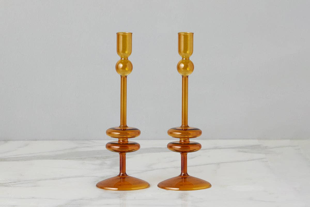 Angelique Glass Candlestick Amber Orange, 10in
