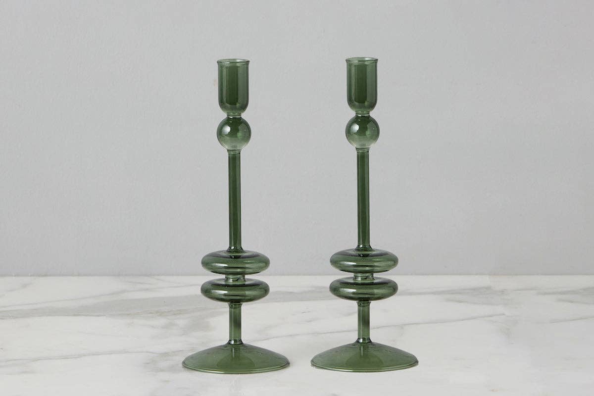 Angelique Glass Candlestick Emerald, 10in