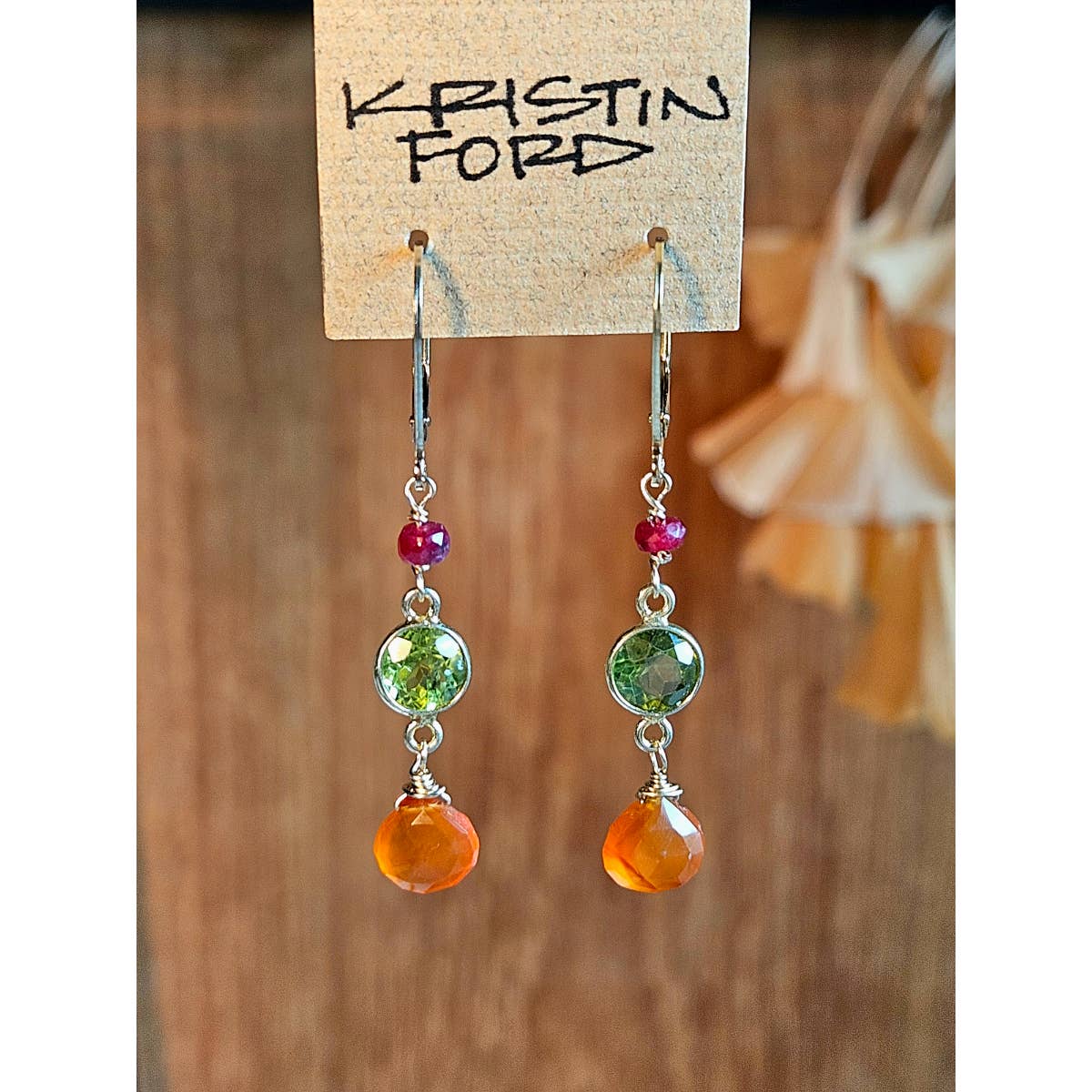 Gold Filled Carnelian, Peridot & Ruby Earrings