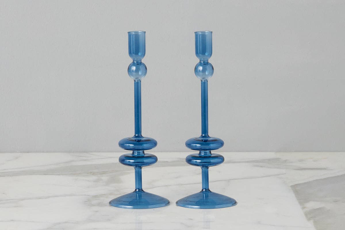 Angelique Glass Candlestick Sapphire Blue, 10in
