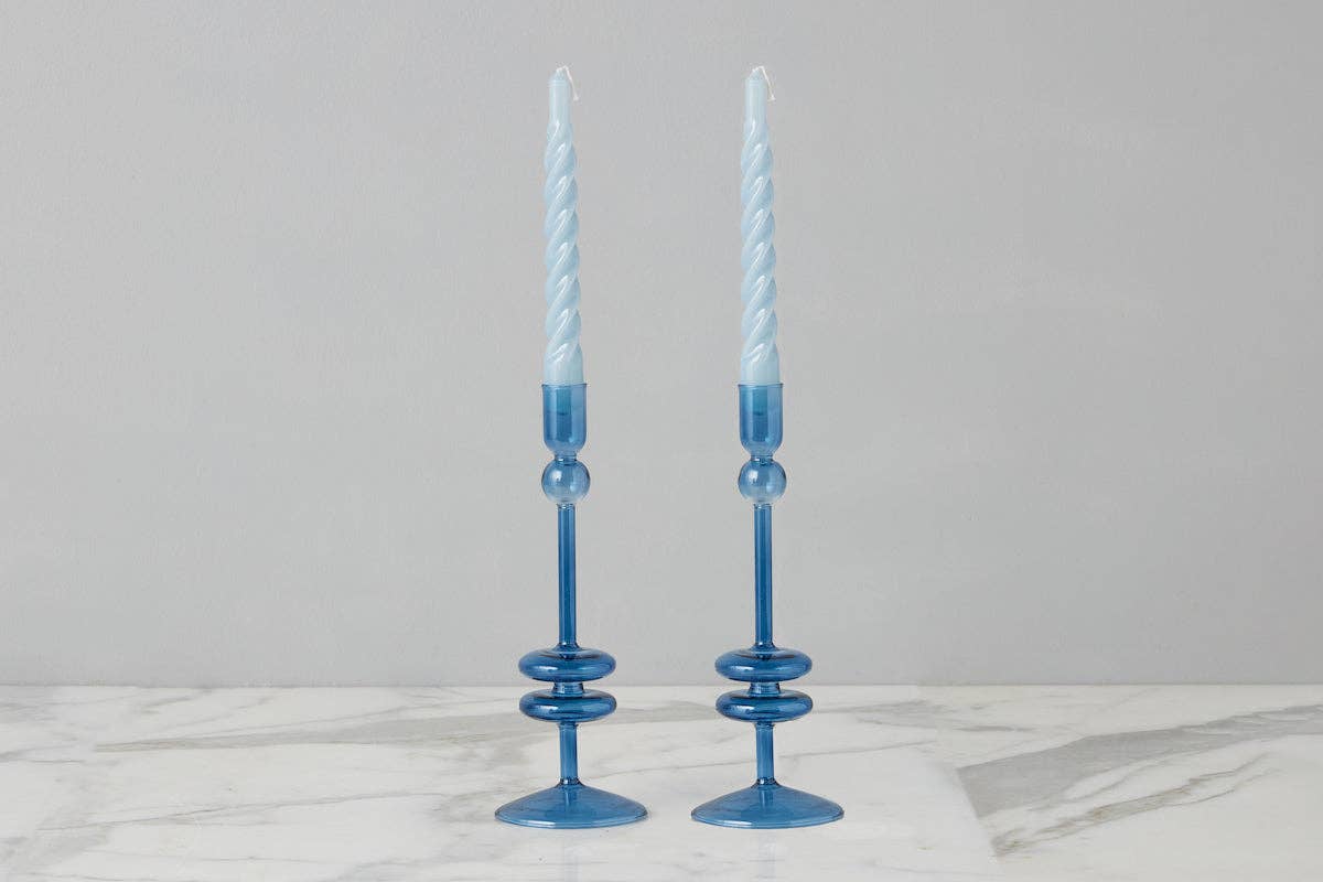 Angelique Glass Candlestick Sapphire Blue, 10in