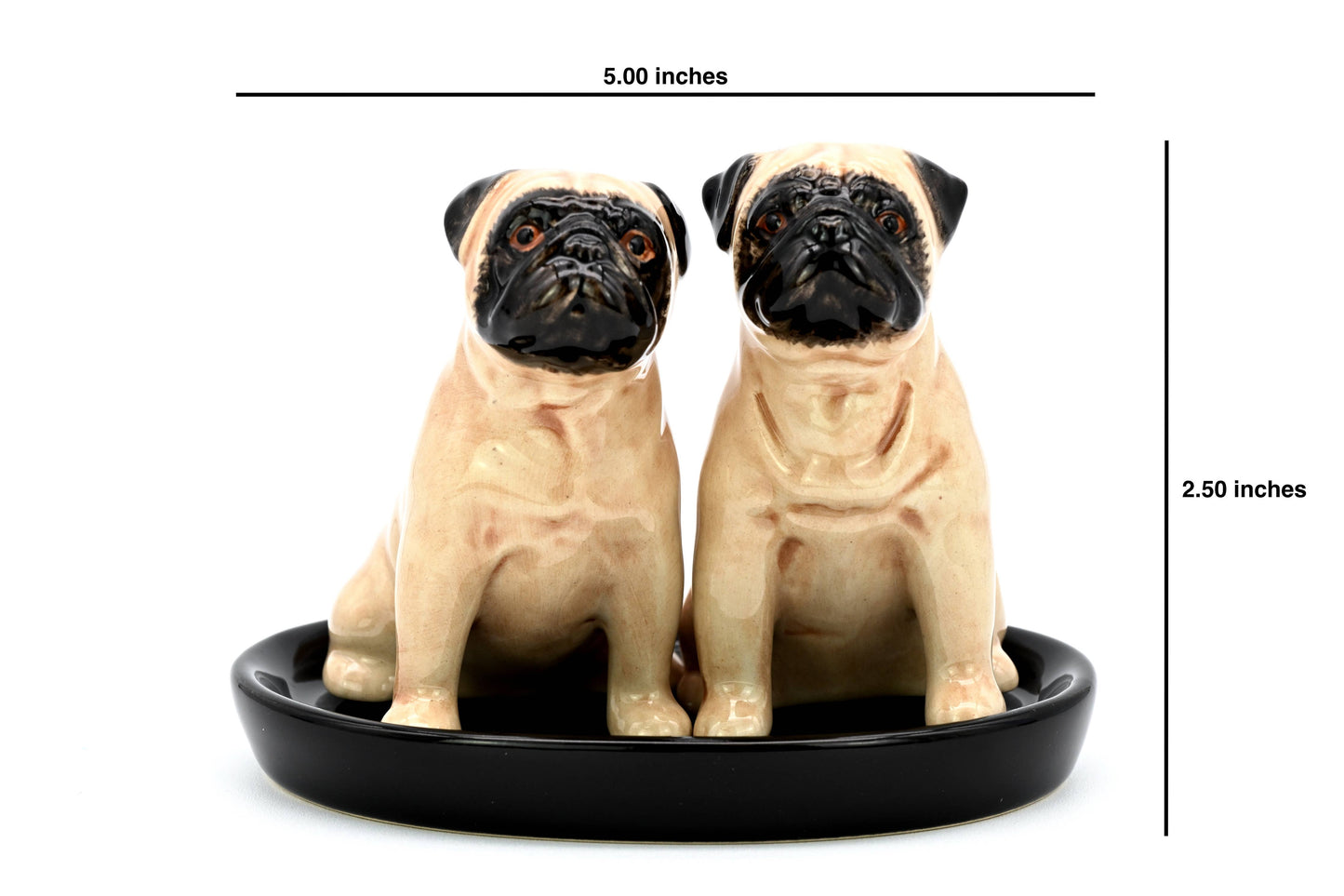 SALT AND PEPPER SHAKER Pug and black ceramic tray