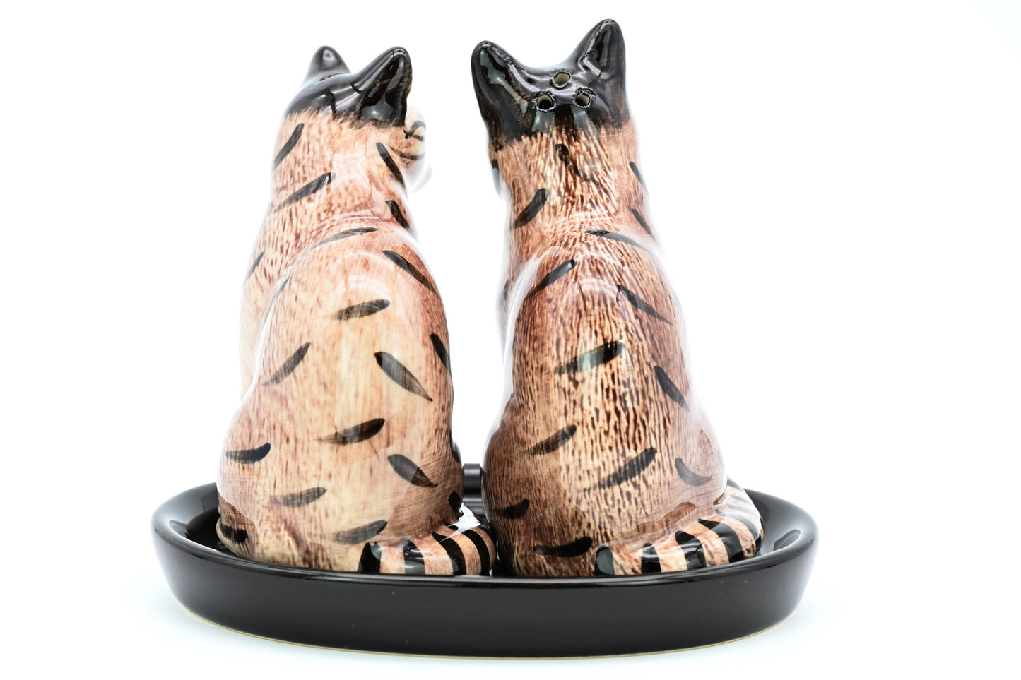 SALT AND PEPPER SHAKER Tabby and black ceramic tray