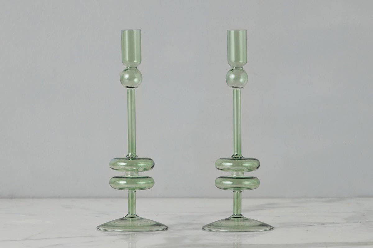 Angelique Glass Candlestick Sage, 10in