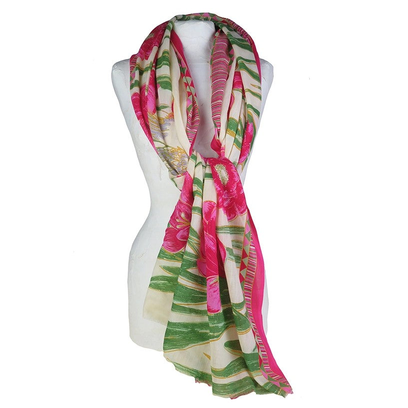 Lotus and Heron Pink and Green Flower Scarf/Wrap