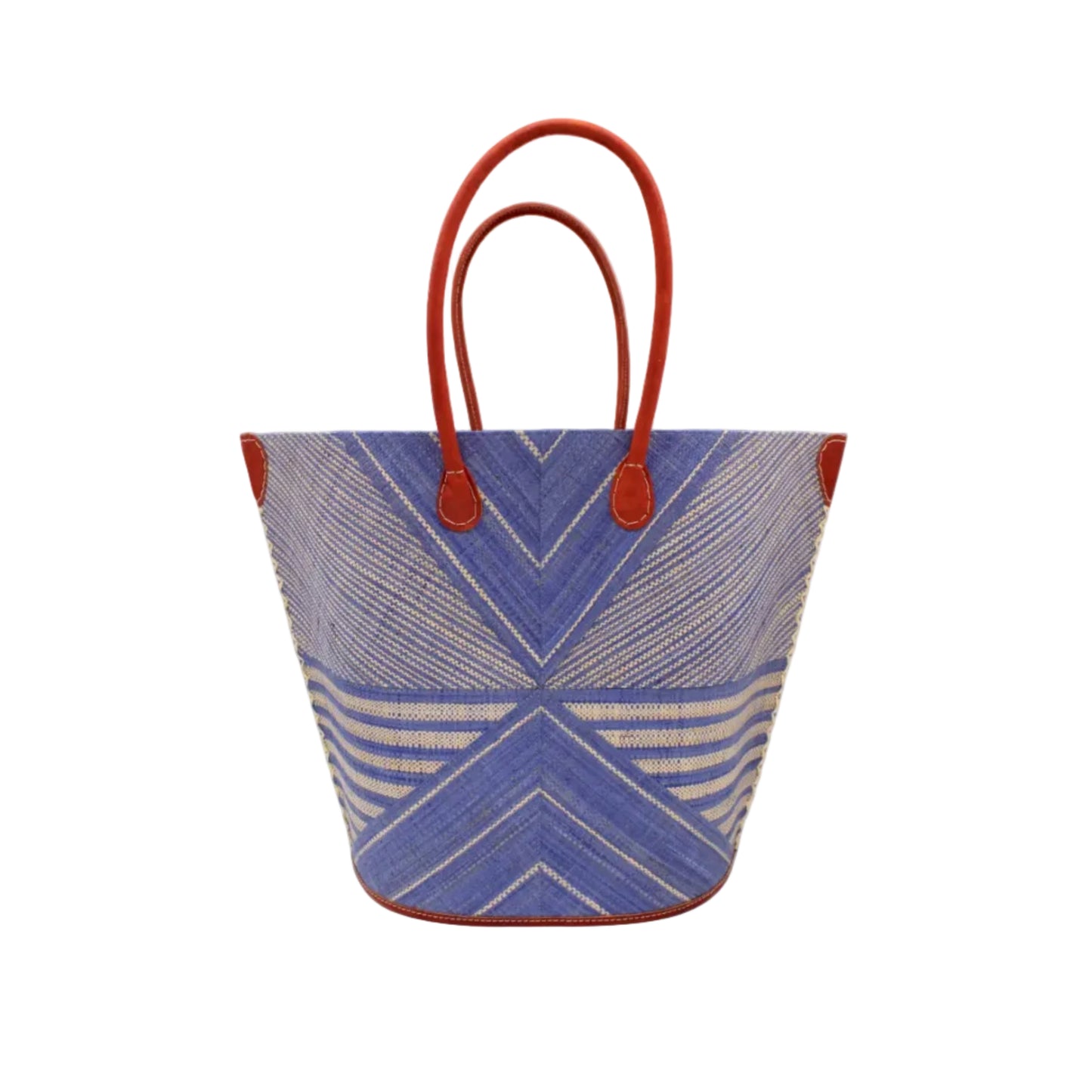 Woven tote bag with blue and white pattern and red handles on a white background