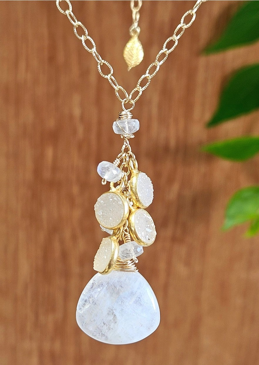 Rainbow Moonstone and Druzy Agate Necklace