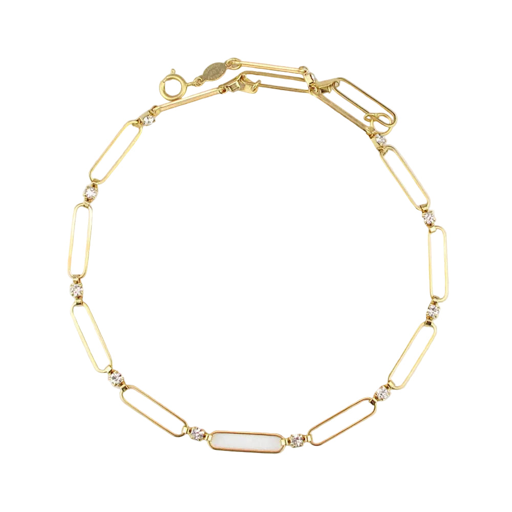 Gold bracelet with paperclip links on a light gray background