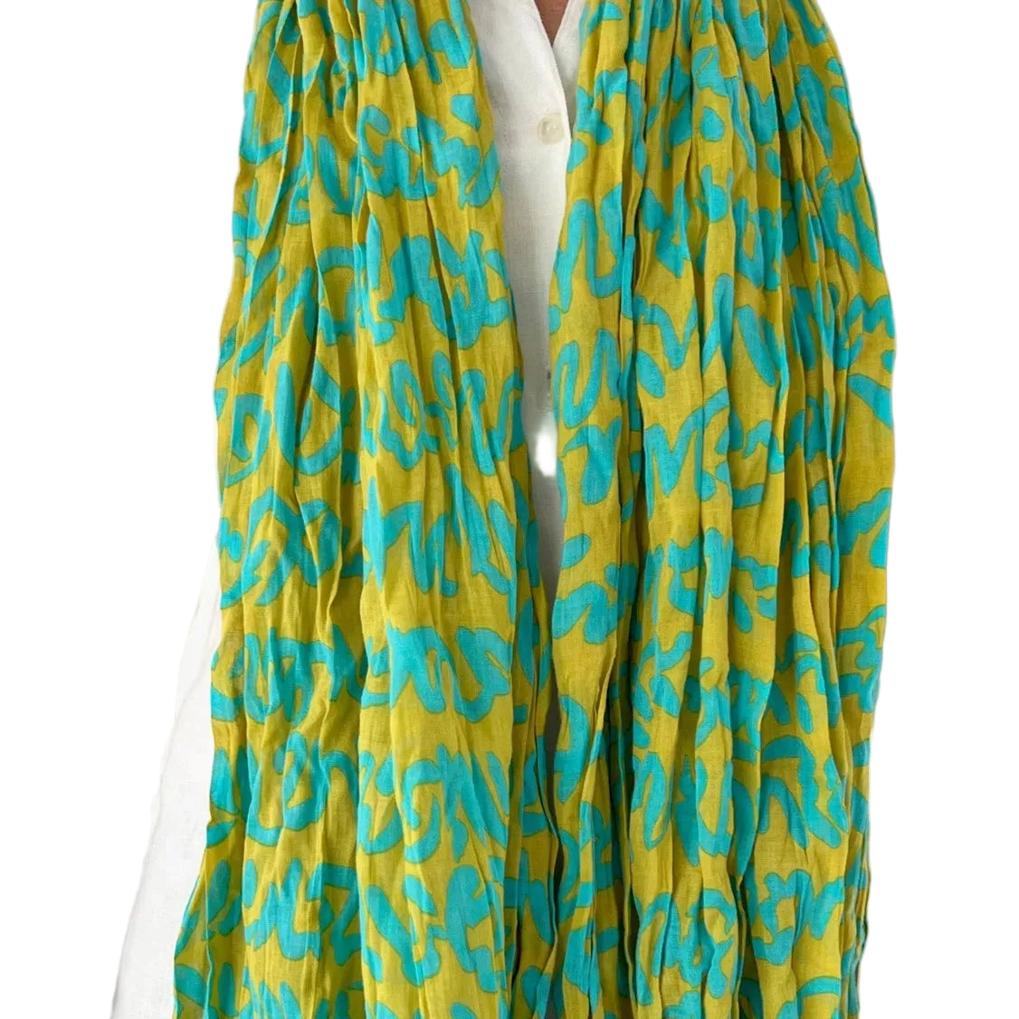 Person wearing a green and blue patterned scarf on a white background