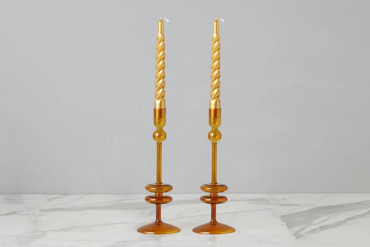Angelique Glass Candlestick Amber Orange, 10in