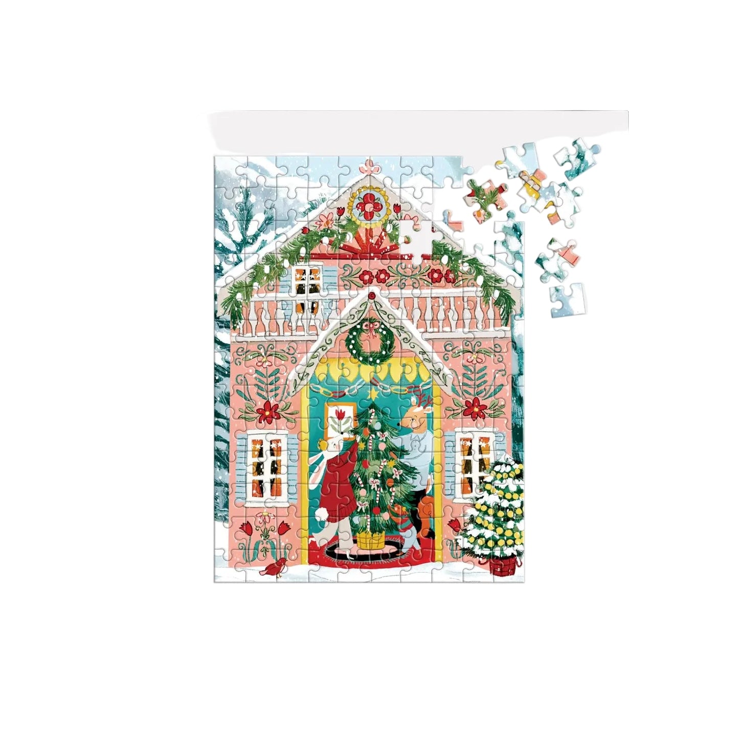 A completed and partially assembled jigsaw puzzle showing a festive Christmas house scene with Santa, a decorated tree, snow, and holiday garlands, on a light gray background.