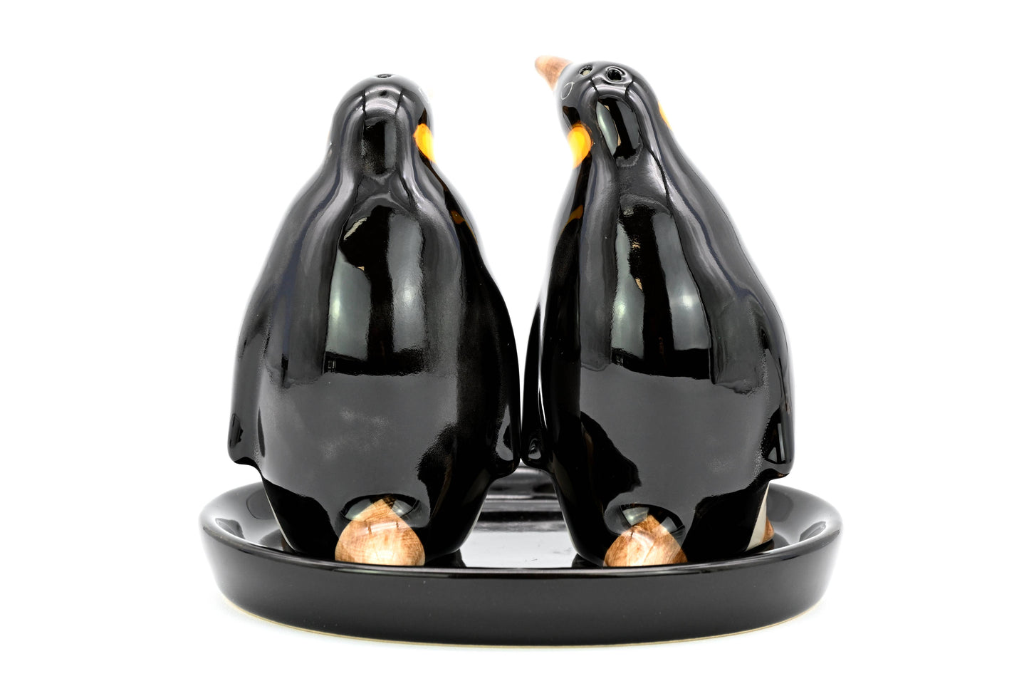 SALT AND PEPPER SHAKER Penguins & black ceramic tray