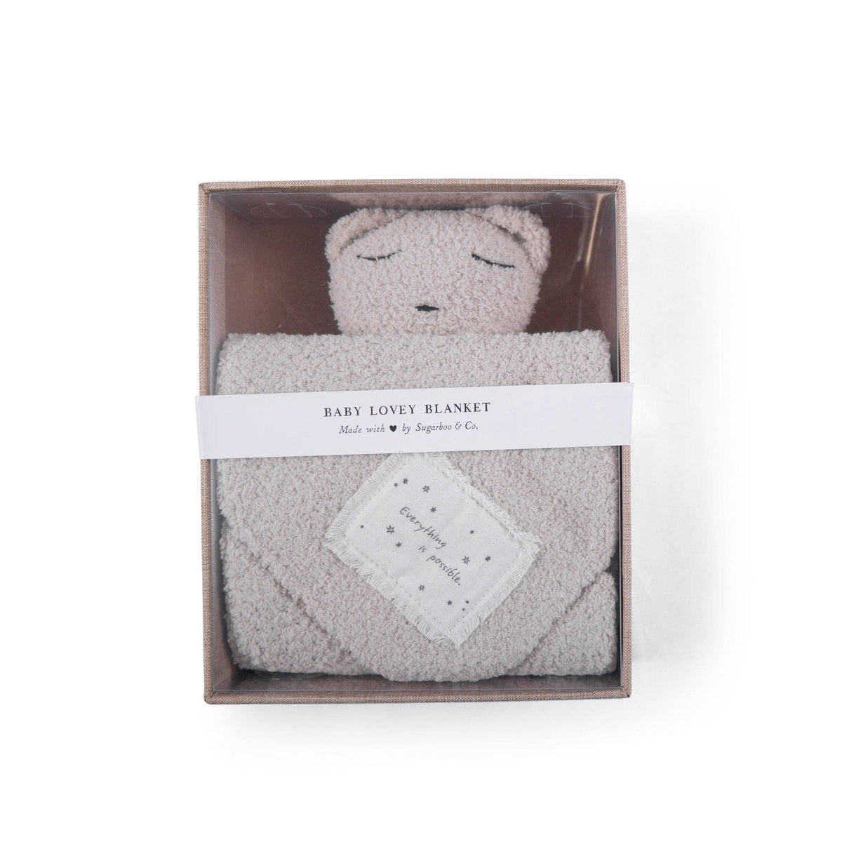 "Everything is possible." Bear Baby Lovey Blanket: White / Everything is Possible