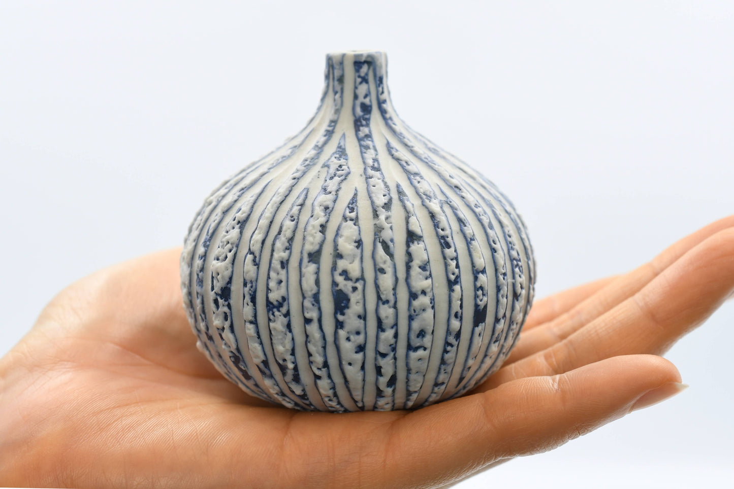 CONGO White and Blue Textured Stripe S-Porcelain Bud Vase