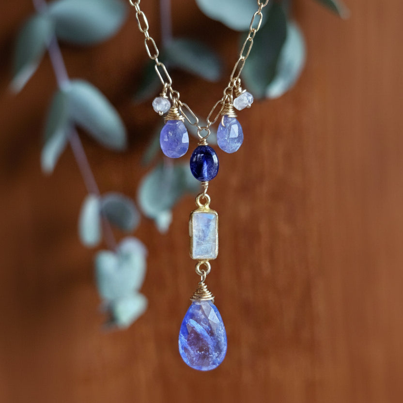 Sapphire, Rainbow Moonstone, Tanzanite Necklace
