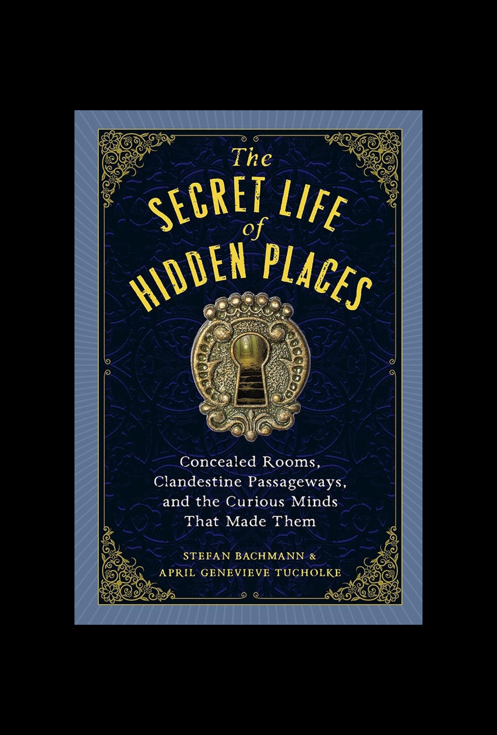 Book cover of 'The Secret Life of Hidden Places' with decorative elements and gold text on a dark blue background.