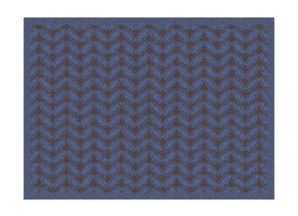 A close-up of a repeating fabric pattern featuring blue and dark brown wavy, leaf-like motifs on a solid blue background.