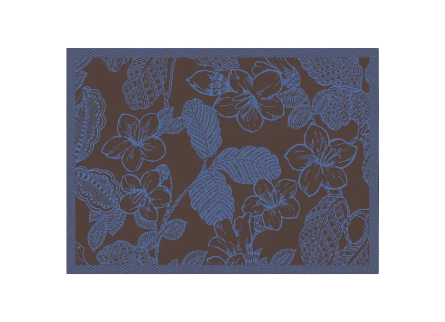 A close-up of a floral pattern featuring light blue plumeria flowers and leaves on a dark brown background, framed by a thin dark blue border.