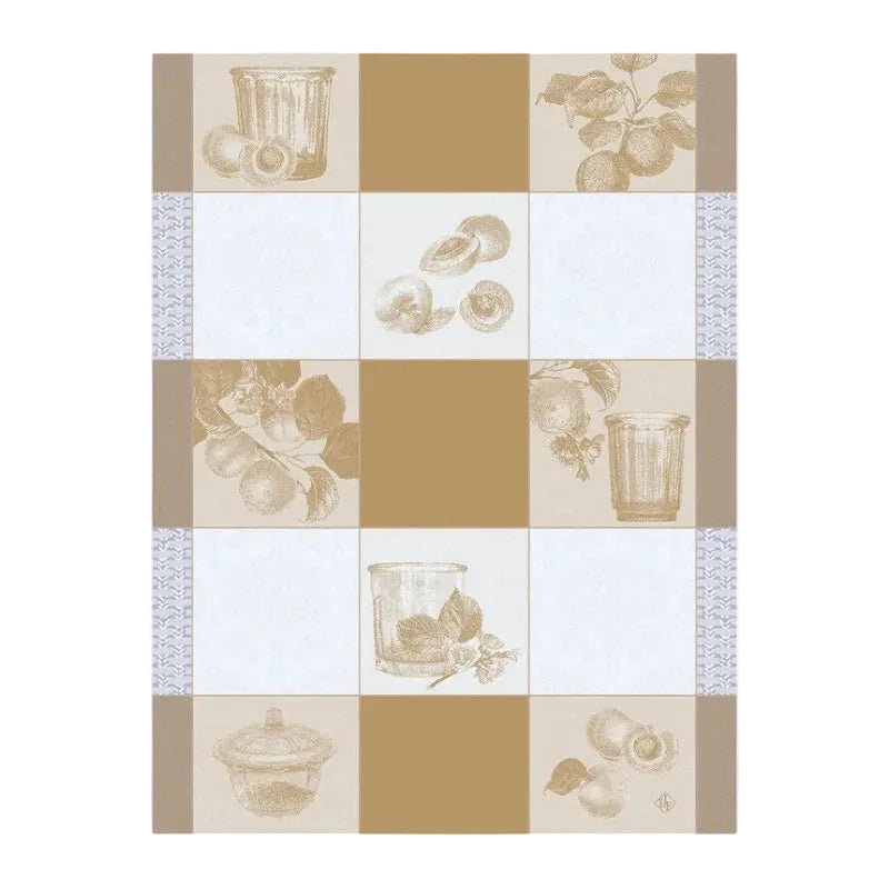 A beige and white checkered kitchen towel with floral patterns and kitchen utensil graphics.