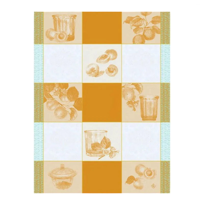 A yellow and white checkered tea towel with kitchen-related illustrations such as a rolling pin, apricots, and a teacup on a blue border.