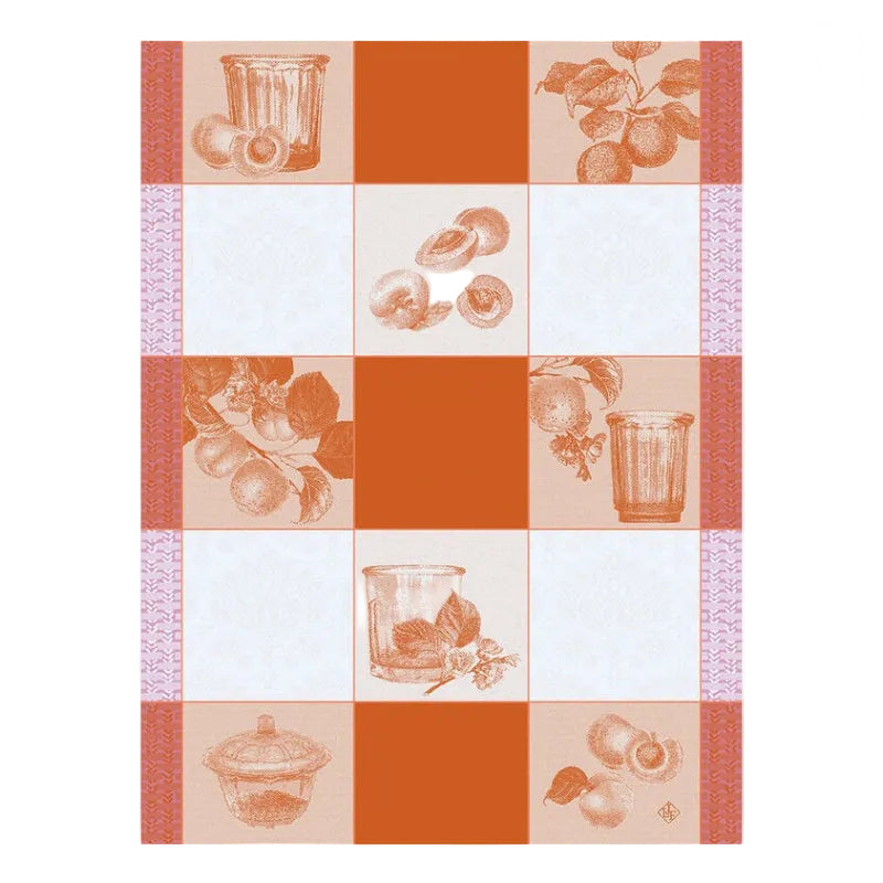 A checkered orange and white kitchen towel with printed kitchen-related imagery such as fruits and kitchen utensils.