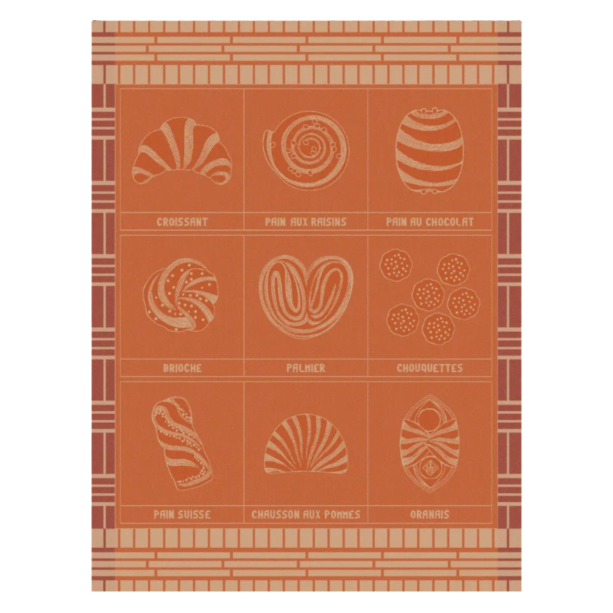 Showing nine French pastries arranged on an orange background, with a decorative border. The pastries are drawn in pale peach lines, and each is labeled in French: croissant, pain aux raisins, pain au chocolat, broche, palmier, chouquettes, pain suisse, croissant aux pommes, and orannis.