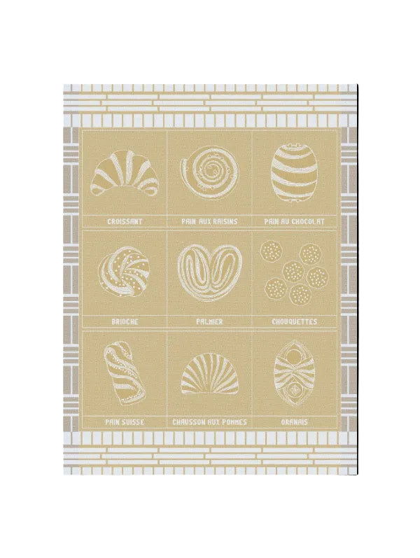 A square decorative print featuring nine illustrated French pastries arranged ion a beige background with a light gray patterned border. The illustrations are rendered in pale cream tones, with labels including croissant, pain aux raisins, pain au chocolat, broche, palmier, chouquettes, pain suisse, chausson aux pommes, and ornement.