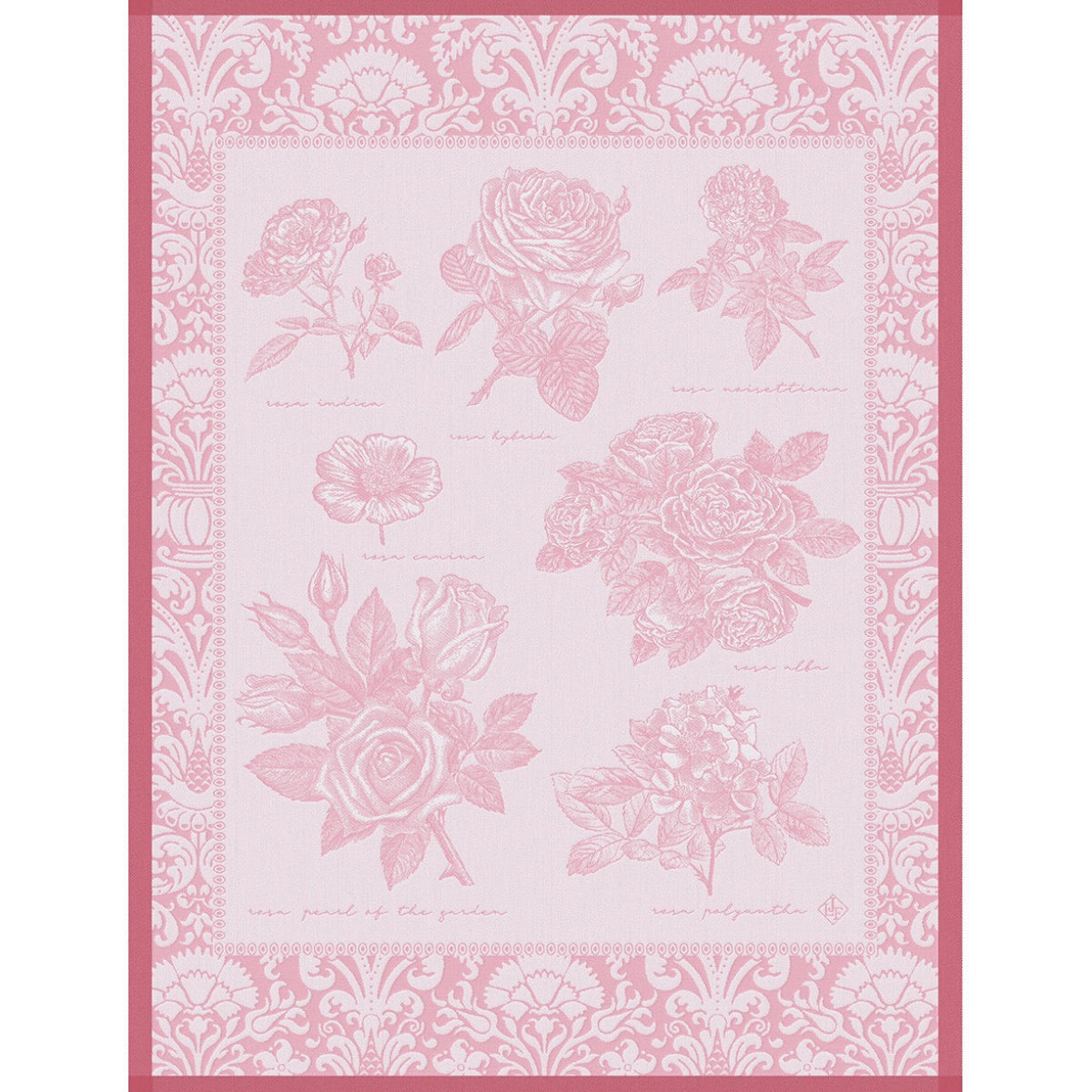 A pink tea towel with a floral pattern showcasing various French rose varieties.