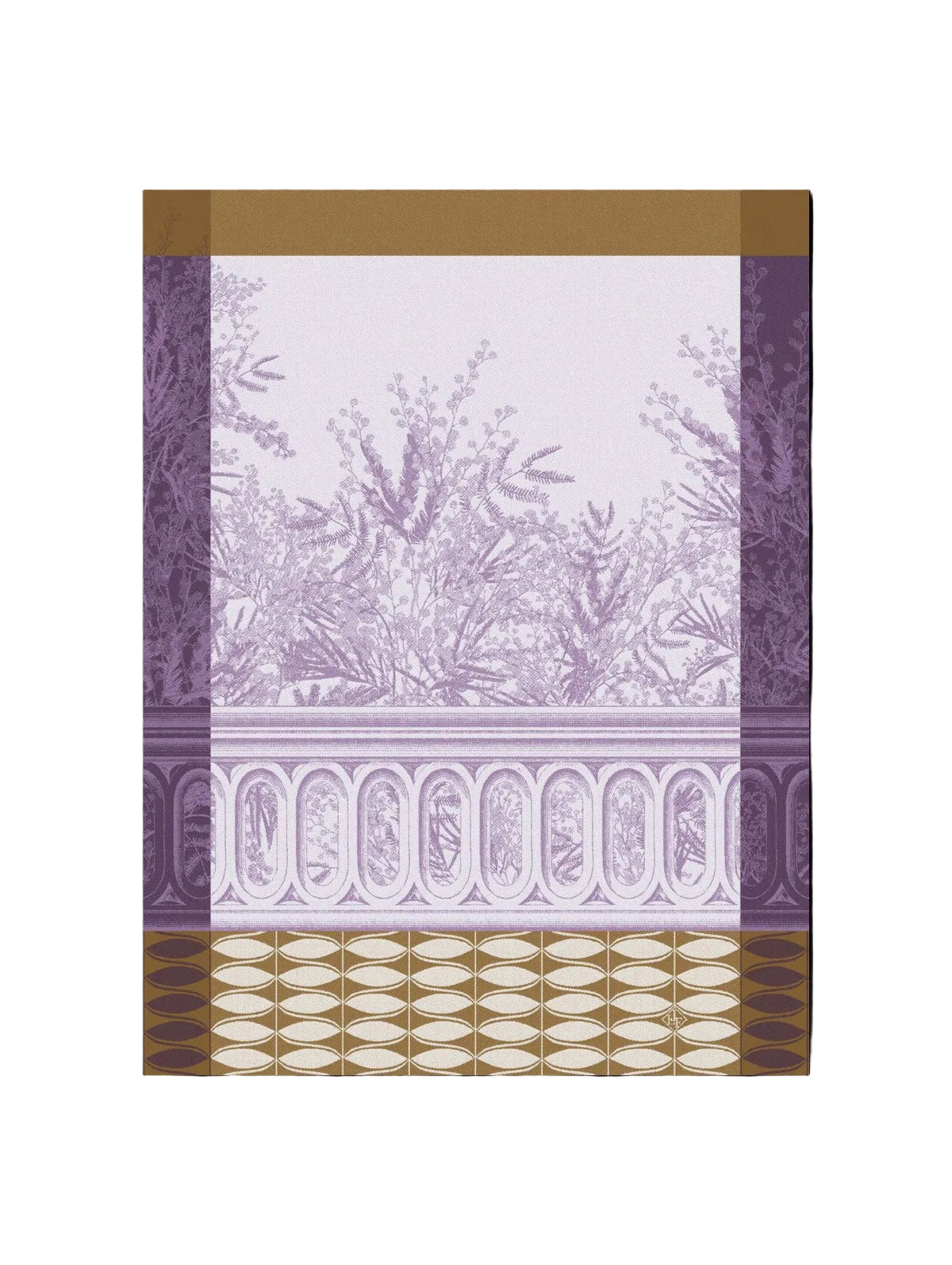 Purple and gold wallpaper featuring a classic French Toile de Jouy pattern with lavender botanical motifs, an arched window motif, and geometric gold pattern borders.