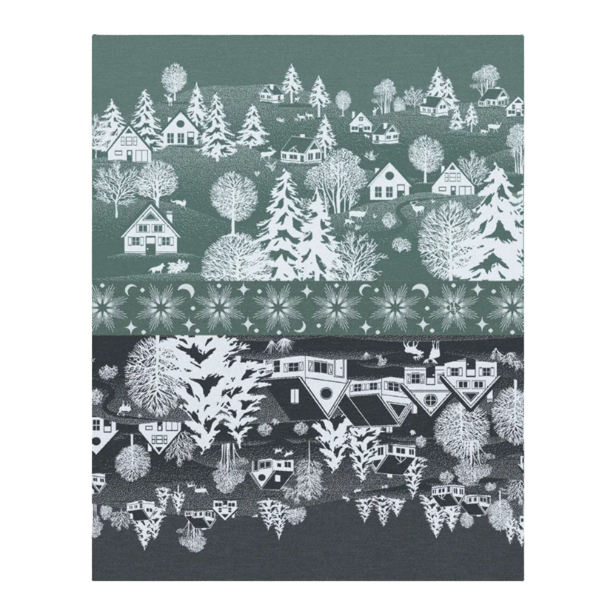 A close-up of a patterned fabric or wallpaper featuring a winter village scene with white houses, trees, and decorative floral bands on dark green and charcoal backgrounds.