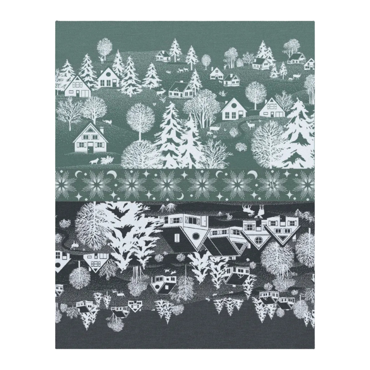 A close-up of a patterned fabric or wallpaper featuring a winter village scene with white houses, trees, and decorative floral bands on dark green and charcoal backgrounds.