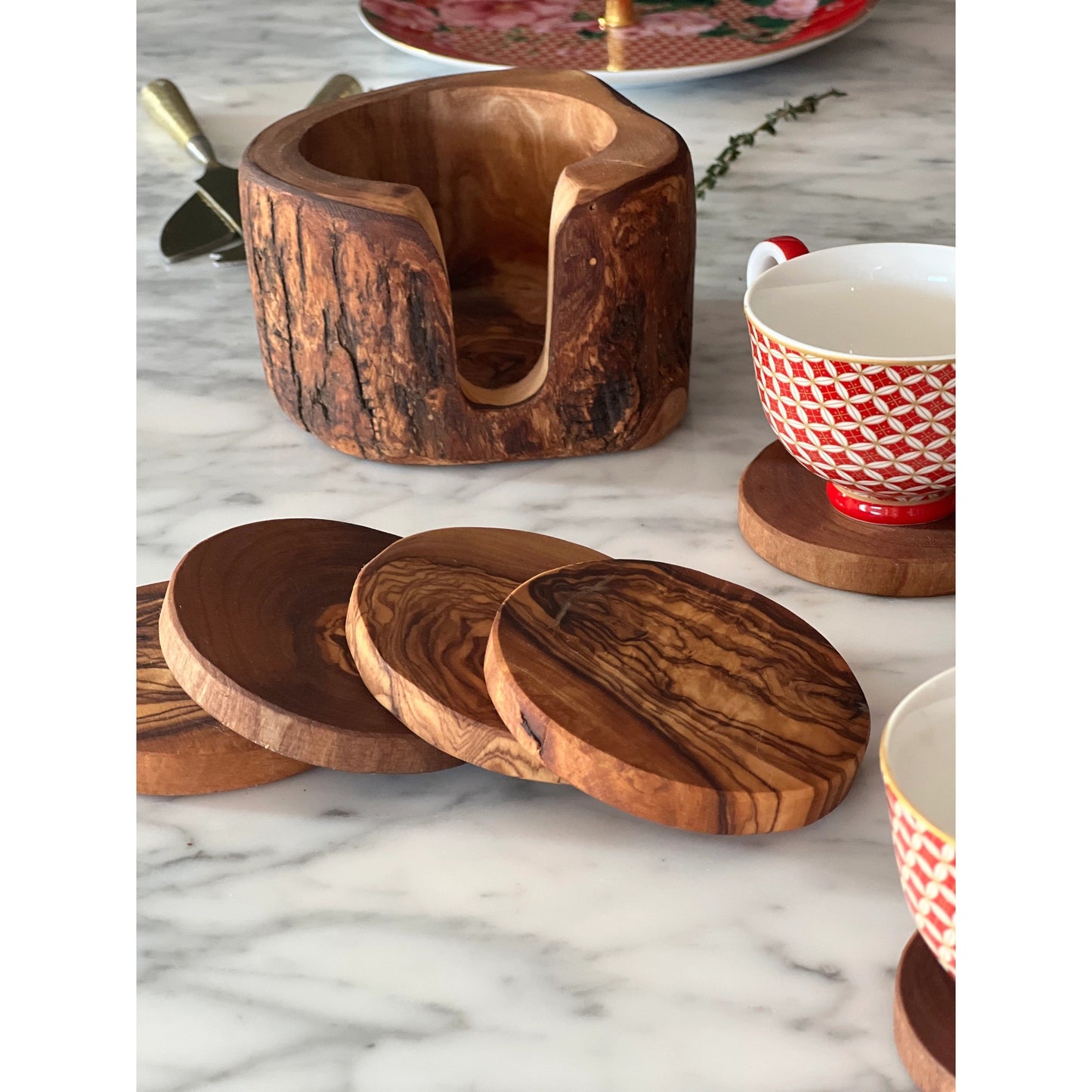 Set of 6 Rustic Wood Coasters with Holder