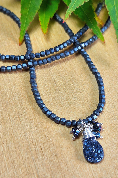 Sterling Silver Black Druzy & Hematite Cluster Earrings
