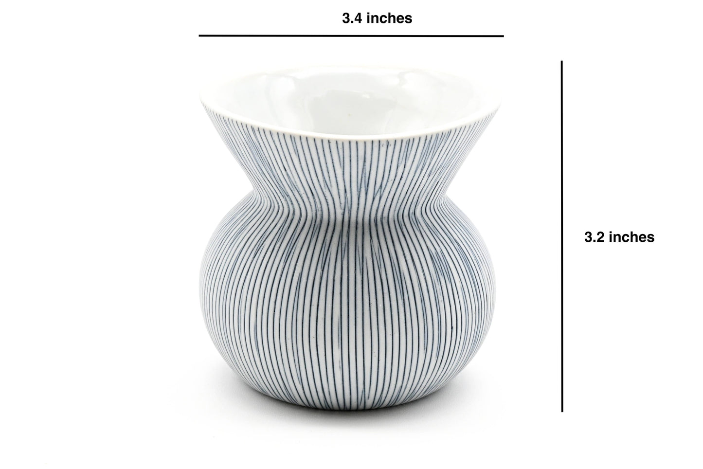 White vase with blue stripes and measurements on a white background