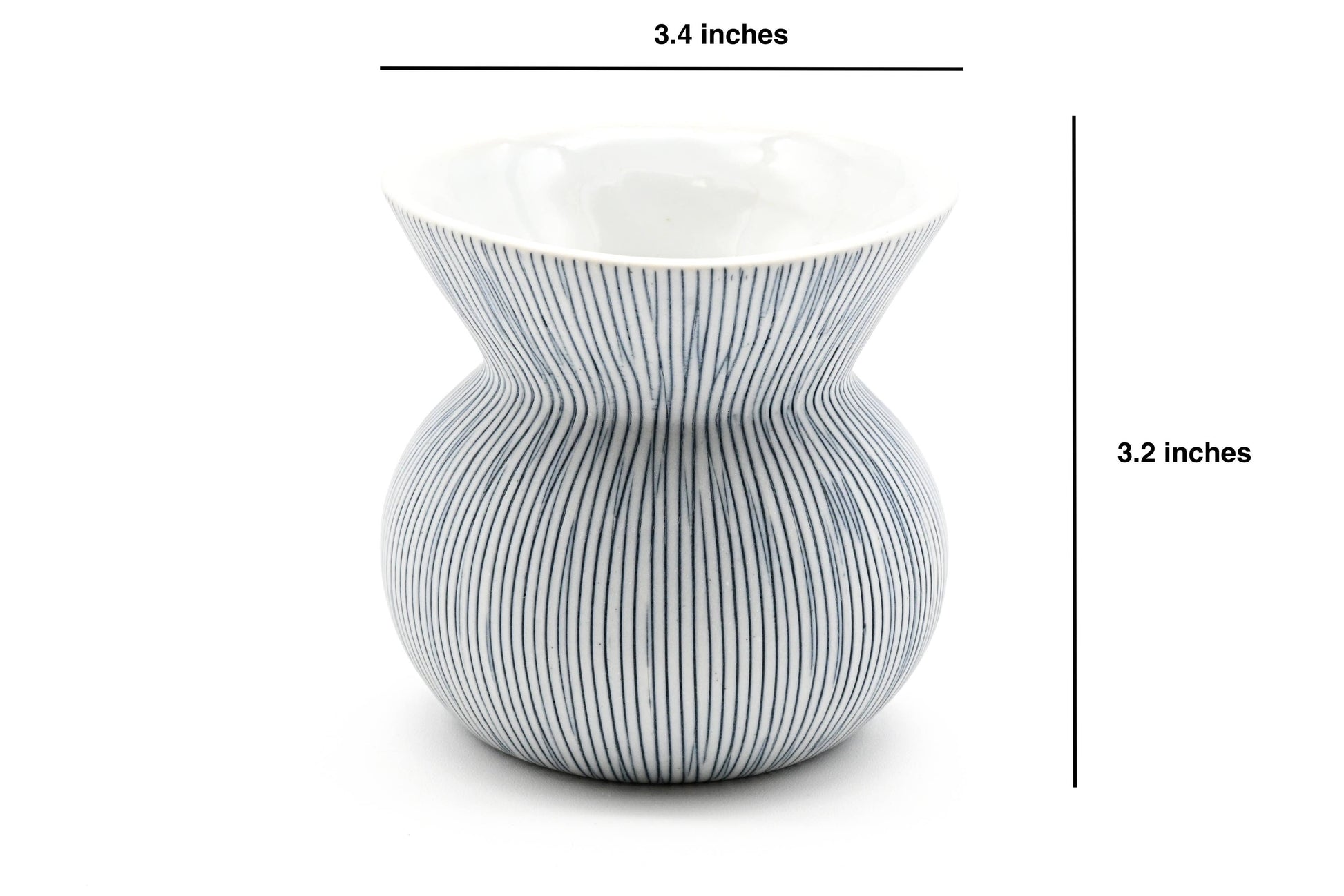 White vase with blue stripes and measurements on a white background