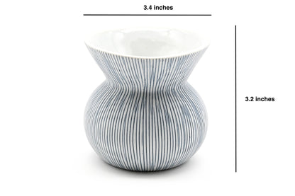 White vase with blue stripes and measurements on a white background