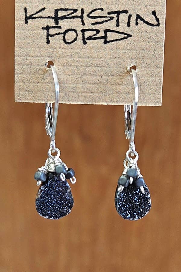 Sterling Silver Black Druzy & Hematite Cluster Earrings