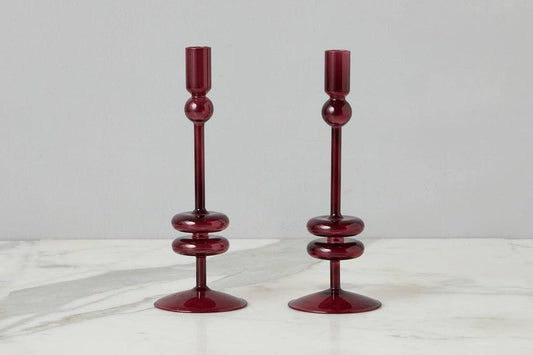 Angelique Glass Candlestick Pair, 10in, Merlot Red