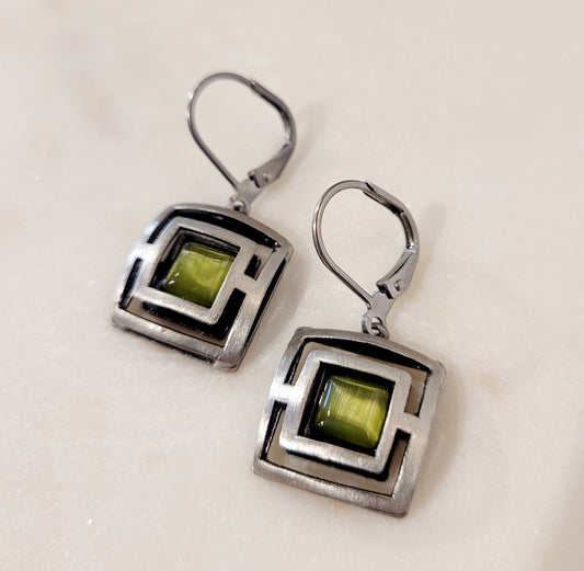 Geometric Square Silver and Green Earrings