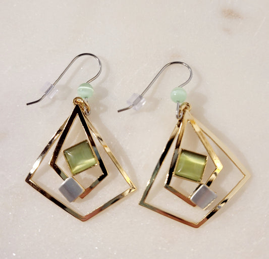 Geometric Gold, Silver and Green Earrings