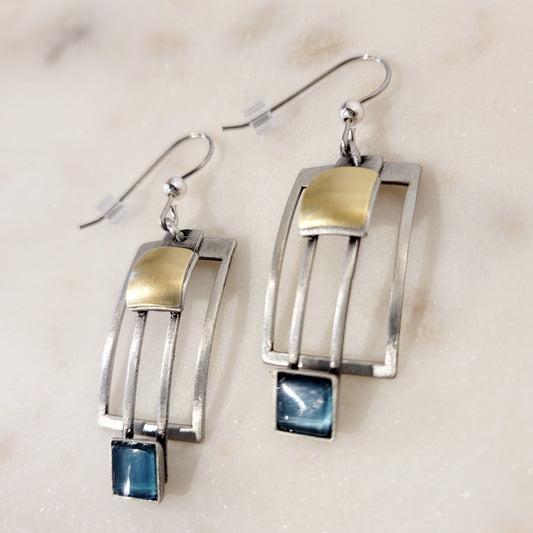 Geometric Rectangular Silver and Blue Earrings