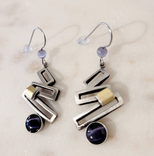 Geometric Silver, Gold and Dusk Purple Earrings