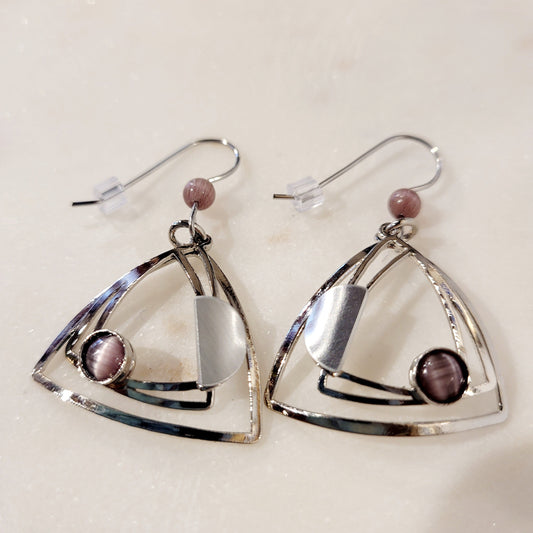 Geometric Triangular Silver and Dusk Purple Earrings