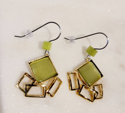 Geometric Gold and Green Earrings
